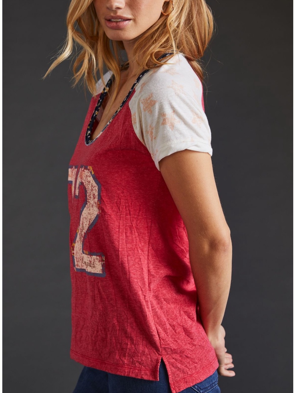 Anthropologie Red Graphic Raglan Tee with White Sleeves